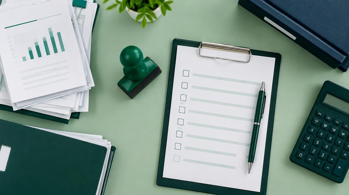 Illustratieve foto: klembord met checklist, stempel en rekenmachine op een bureau