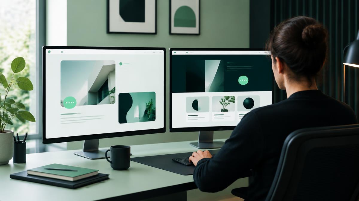 Illustratieve foto: iemand werkt aan twee beeldschermen met websiteontwerpen